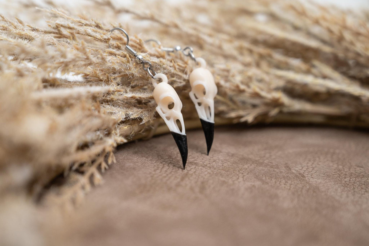 Resin Raven Skull Earrings: Hand-Painted Beaks, Surgical Steel Hooks