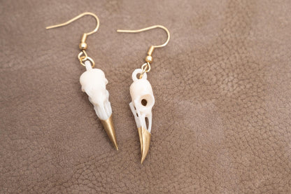 Resin Raven Skull Earrings: Hand-Painted Beaks, Surgical Steel Hooks