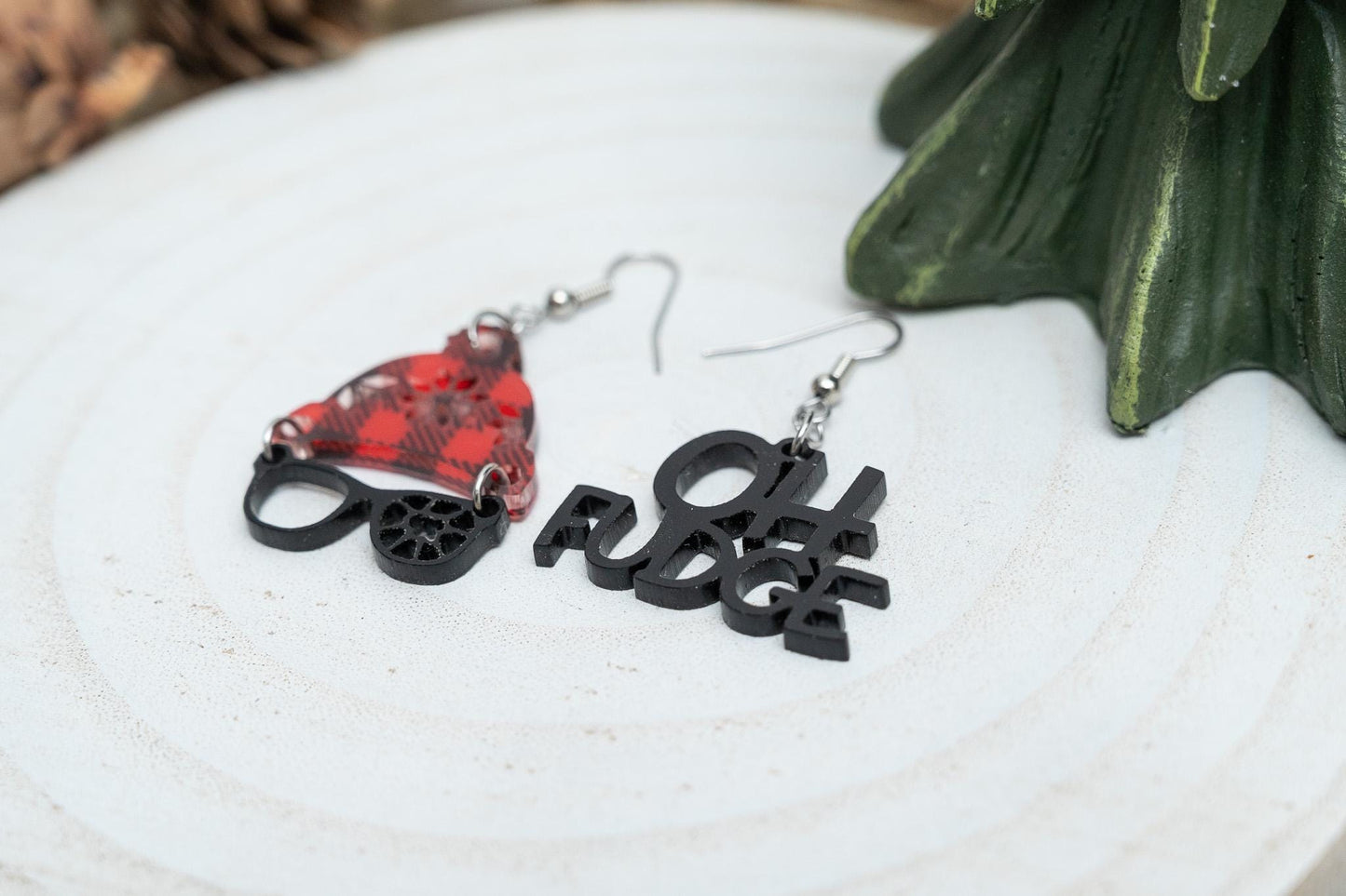 Christmas Story Earrings: Ralphie Buffalo Plaid Hat and Oh Fudge Acrylic Holiday Jewelry