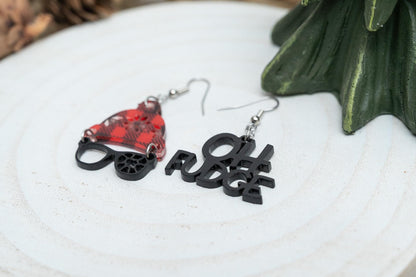Christmas Story Earrings: Ralphie Buffalo Plaid Hat and Oh Fudge Acrylic Holiday Jewelry
