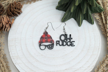 Christmas Story Earrings: Ralphie Buffalo Plaid Hat and Oh Fudge Acrylic Holiday Jewelry
