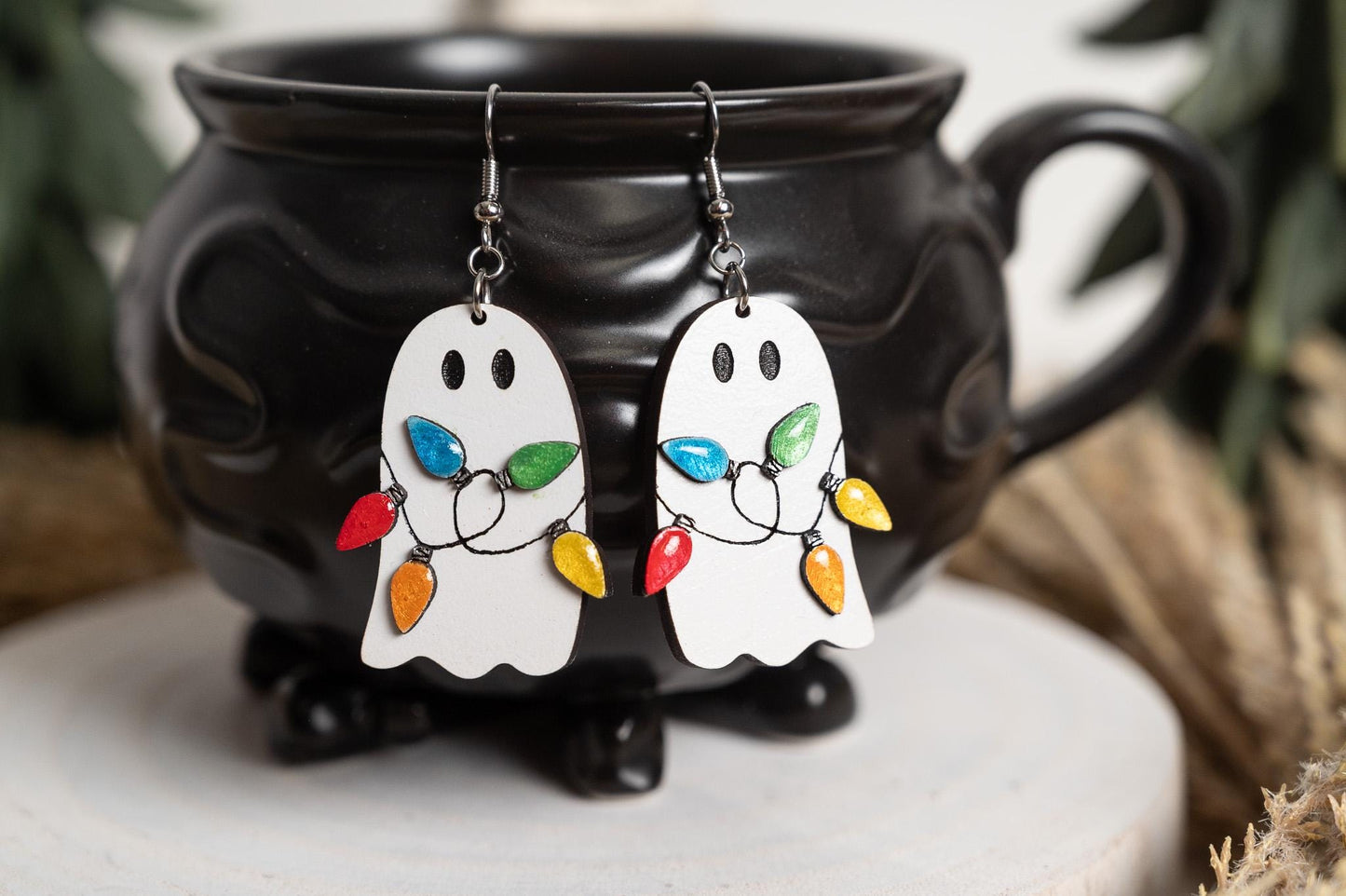 Ghost With Christmas Light Dangle Earrings