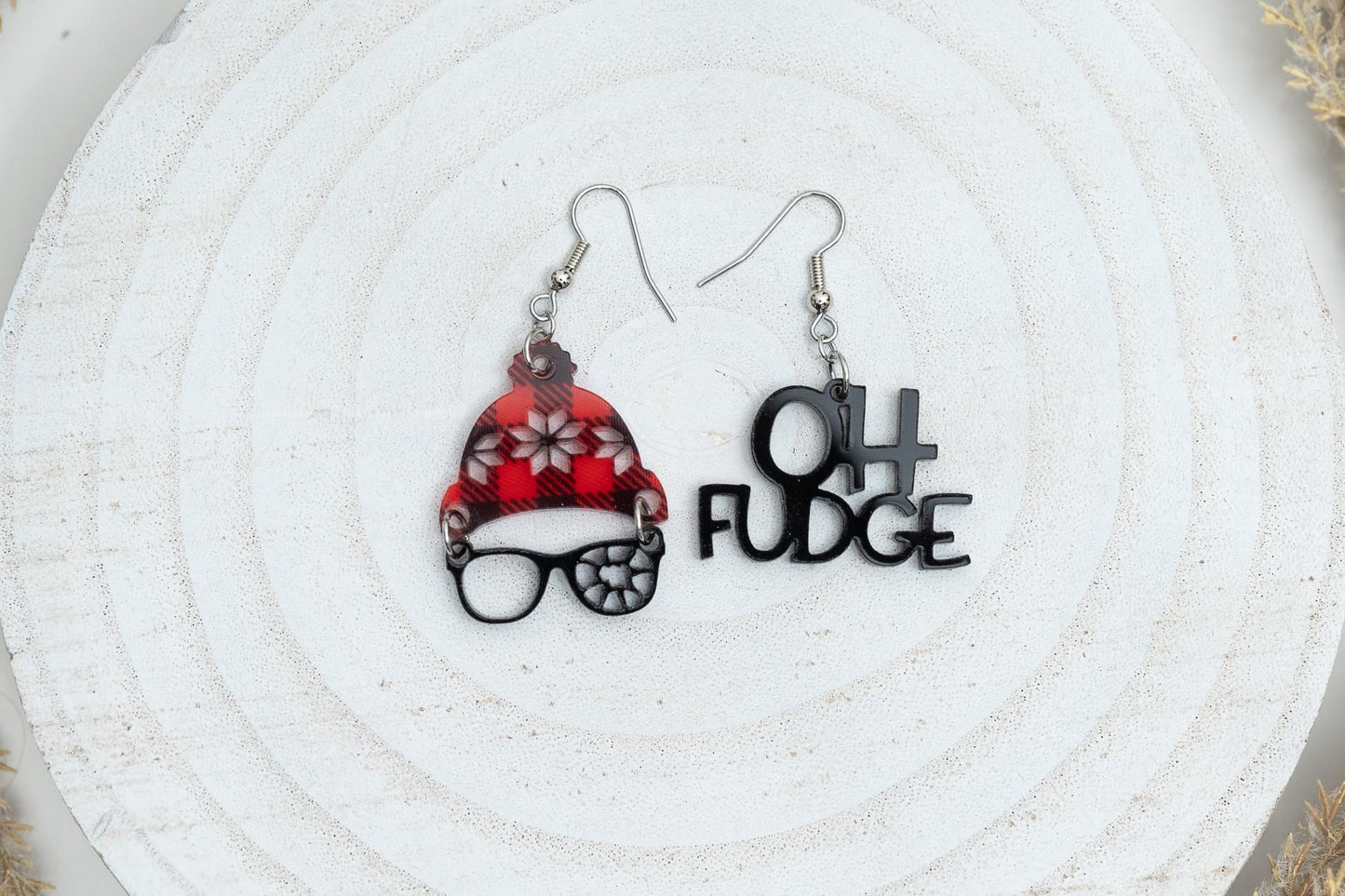 Christmas Story Earrings: Ralphie Buffalo Plaid Hat and Oh Fudge Acrylic Holiday Jewelry