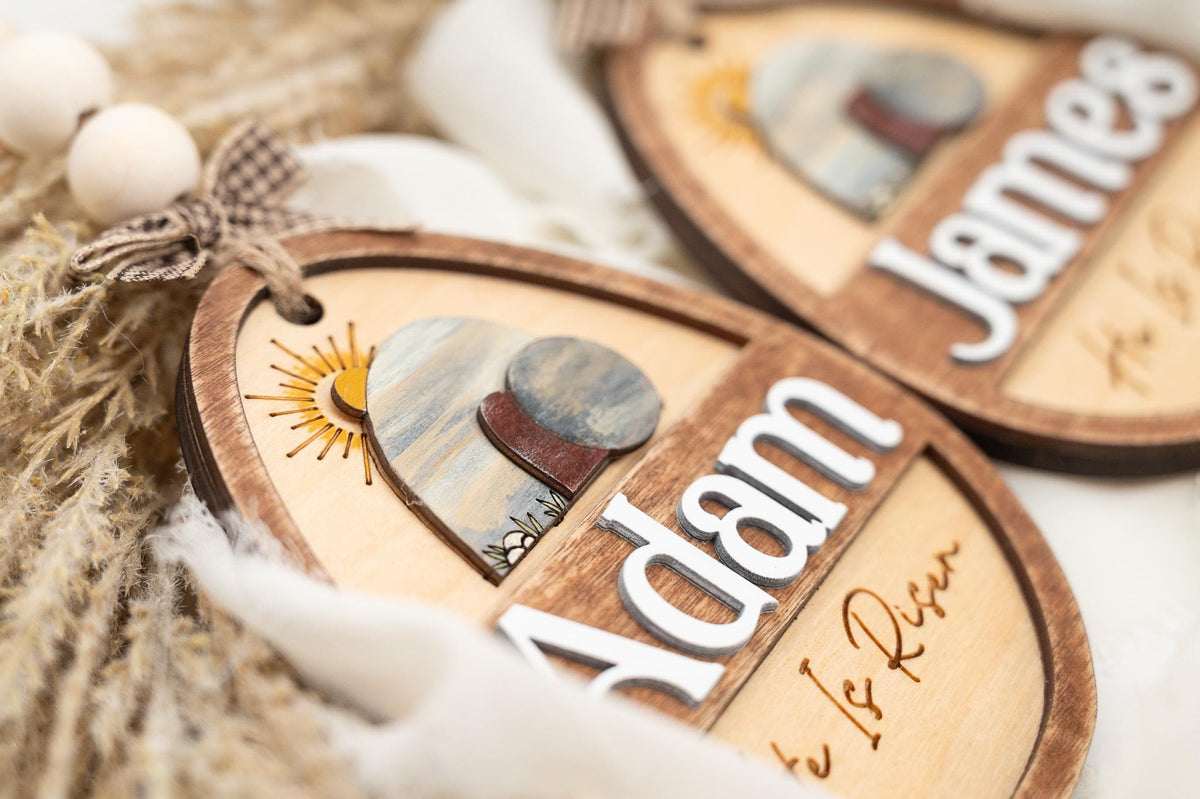 Personalized Easter Basket Tag: He Is Risen, Layered Wood Egg