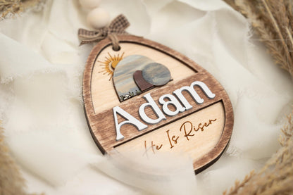 Personalized Easter Basket Tag: He Is Risen, Layered Wood Egg
