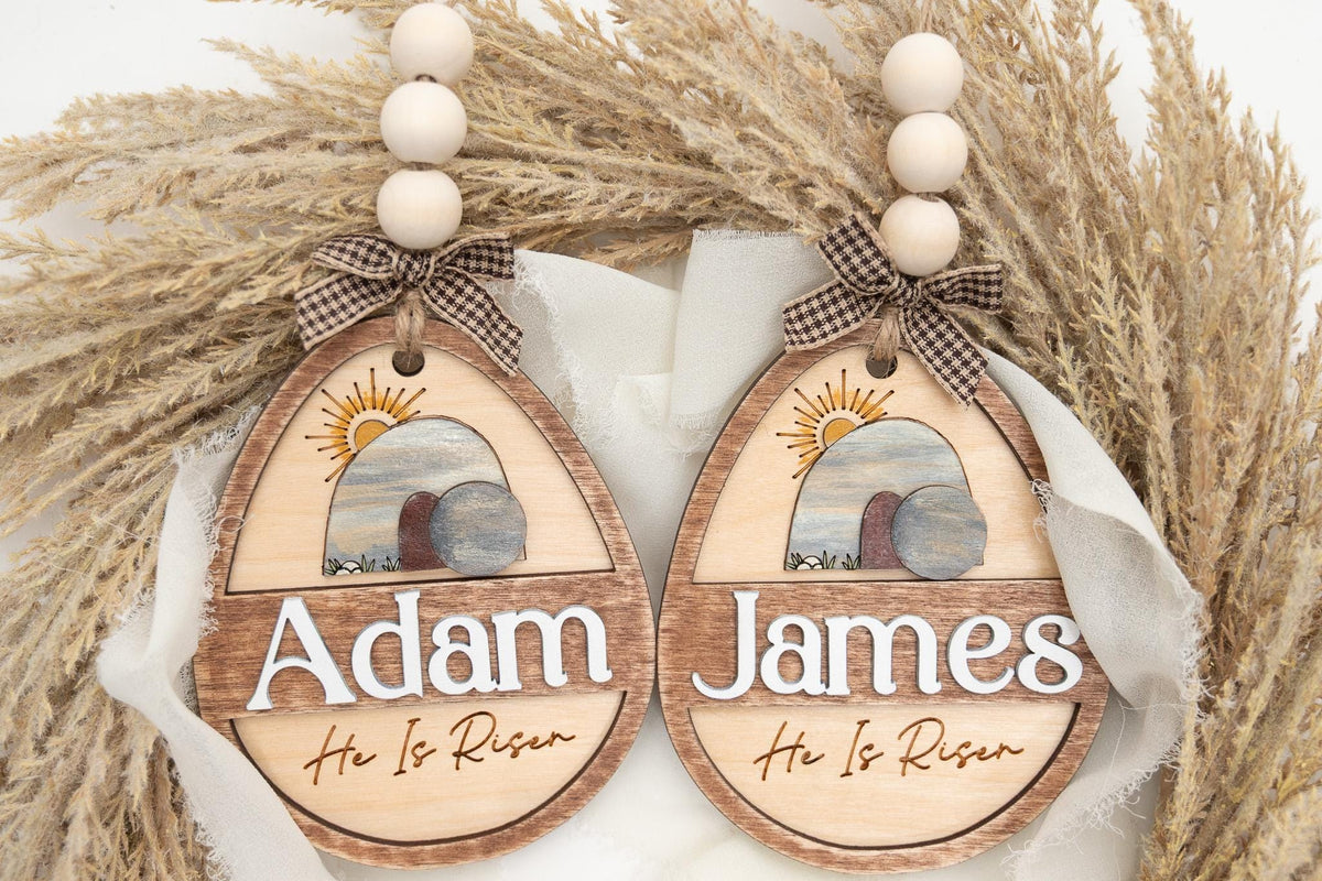 Personalized Easter Basket Tag: He Is Risen, Layered Wood Egg
