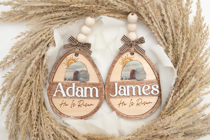 Personalized Easter Basket Tag: He Is Risen, Layered Wood Egg
