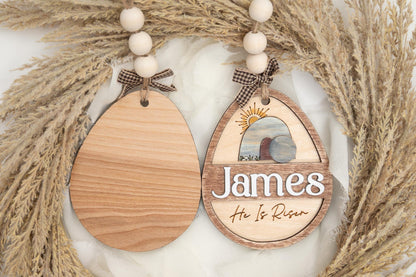 Personalized Easter Basket Tag: He Is Risen, Layered Wood Egg