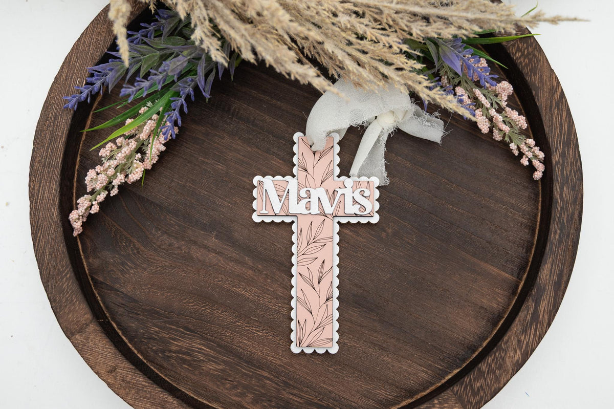 Personalized Floral Cross Easter Basket Tag, Custom Name