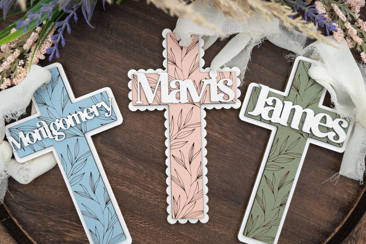 Personalized Floral Cross Easter Basket Tag, Custom Name