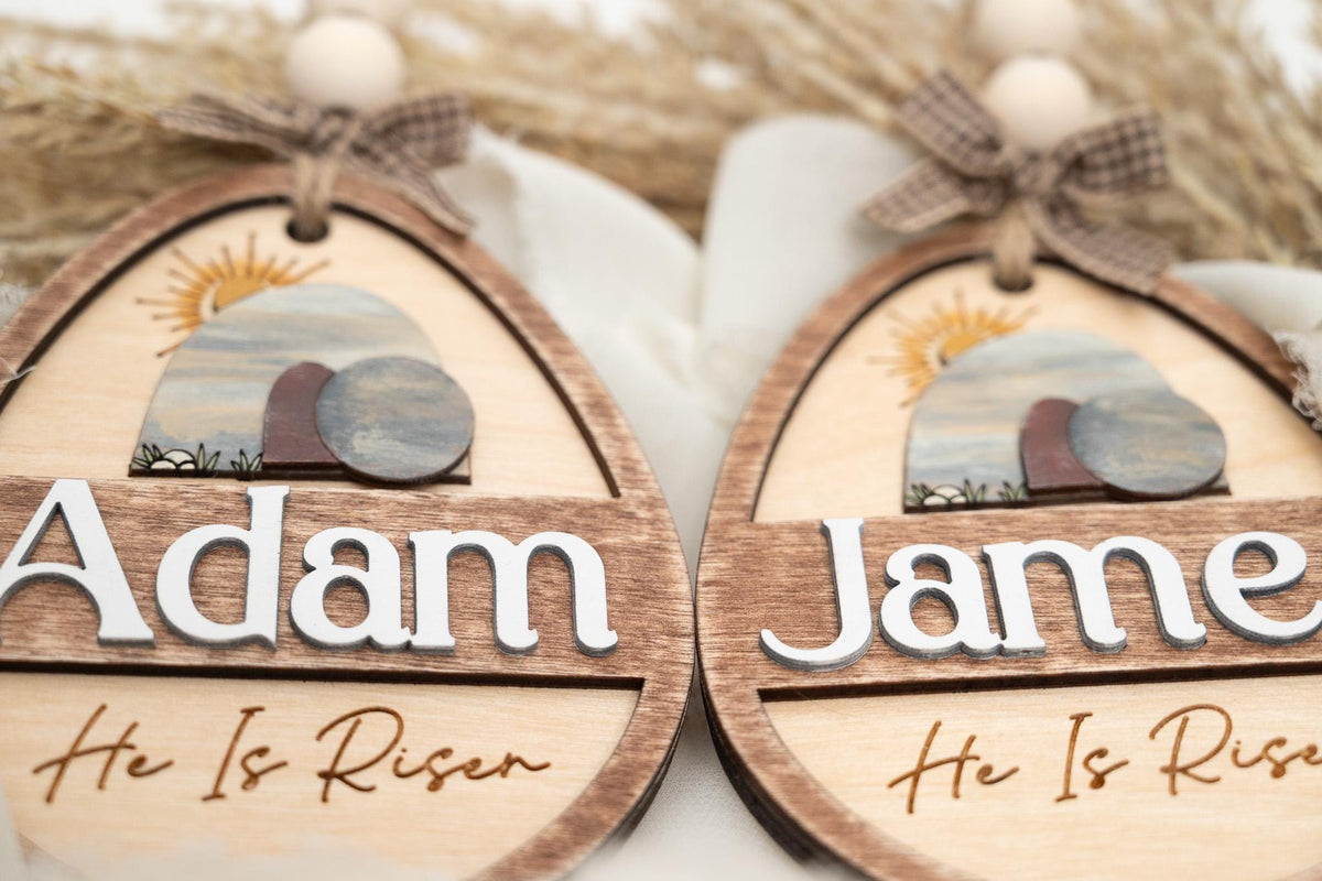 Personalized Easter Basket Tag: He Is Risen, Layered Wood Egg