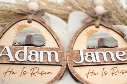 Personalized Easter Basket Tag: He Is Risen, Layered Wood Egg