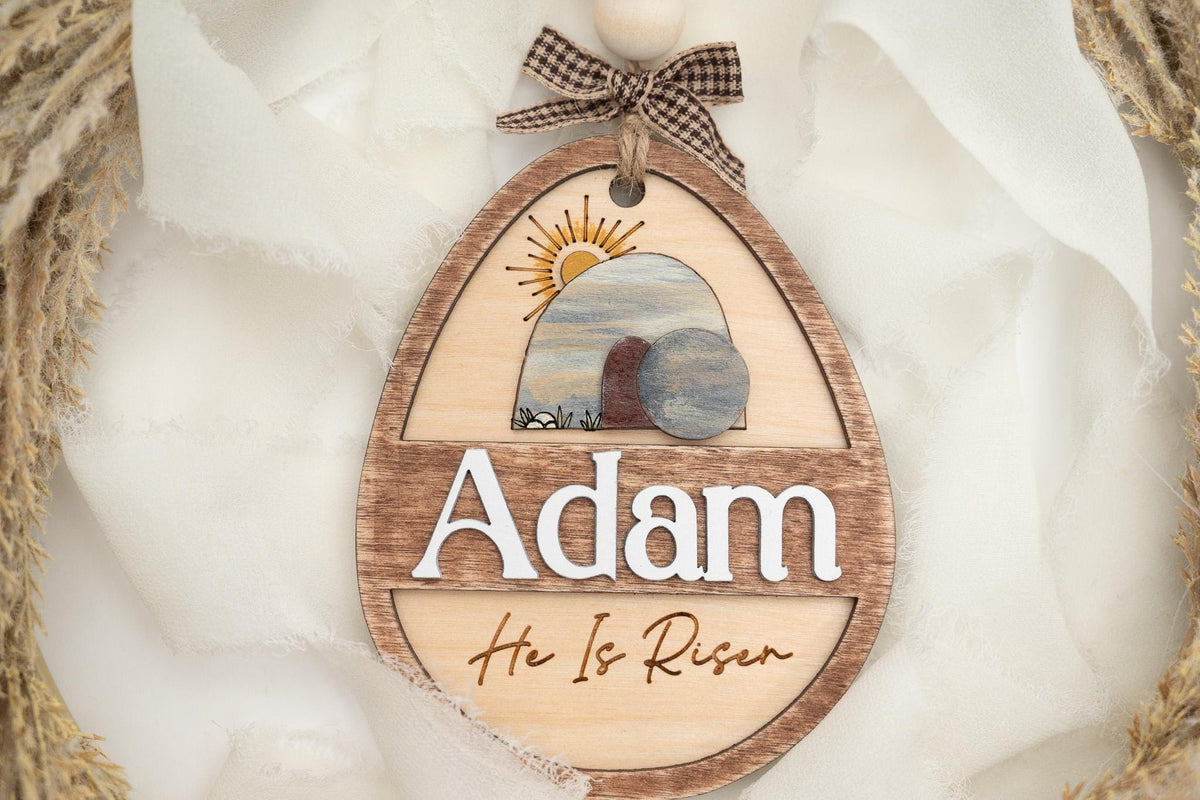 Personalized Easter Basket Tag: He Is Risen, Layered Wood Egg