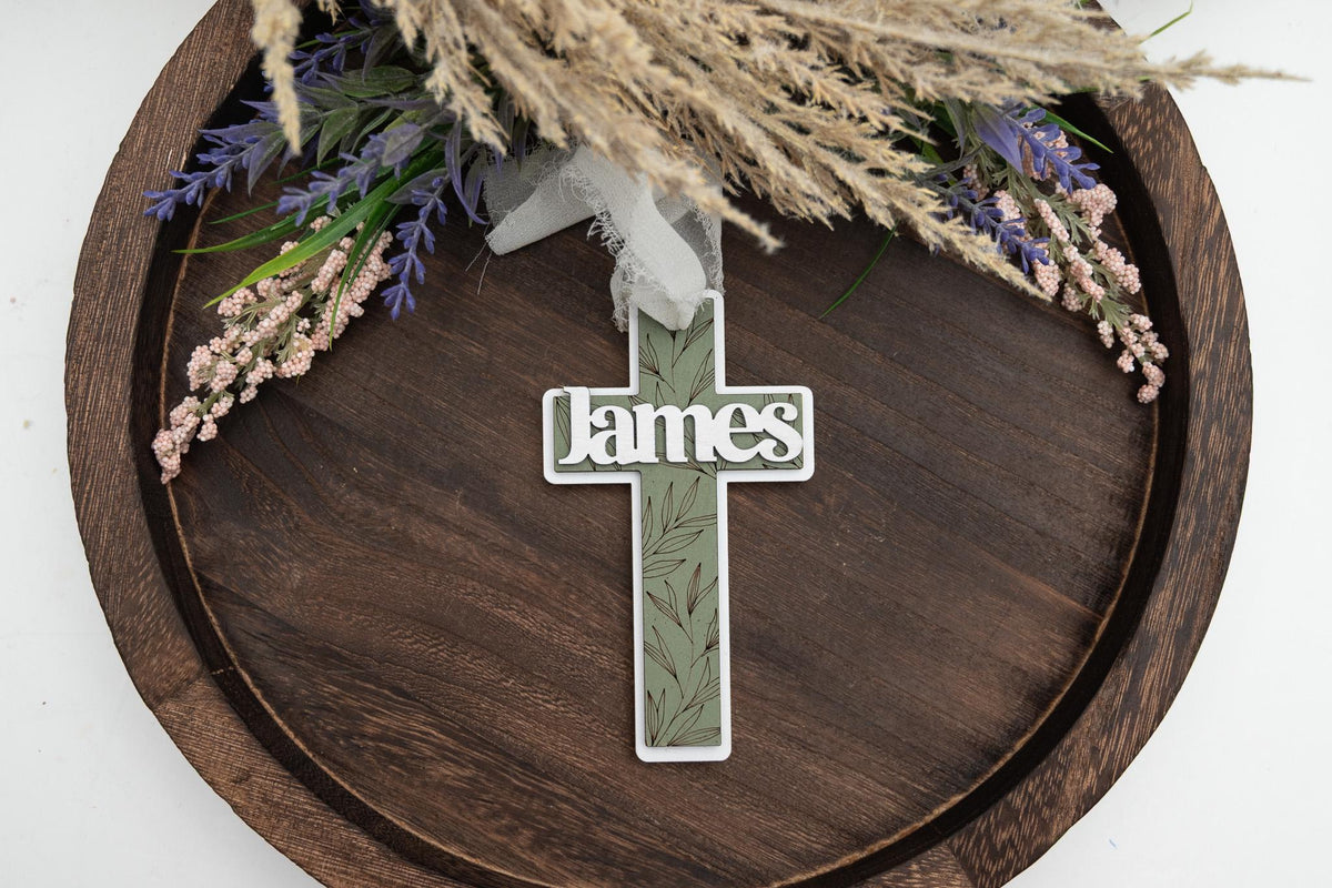 Personalized Floral Cross Easter Basket Tag, Custom Name