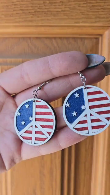 American Flag Peace Sign Earrings: Hand-Painted Wood Patriotic Jewelry