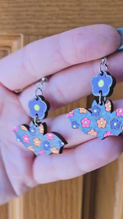 Retro Bat Earrings: Groovy Neon Flower Design, Lightweight Maple Wood