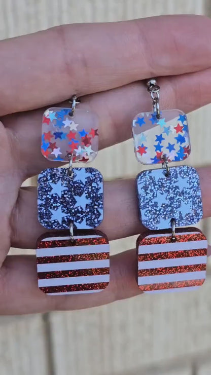 Patriotic Glitter Acrylic Dangle Earrings: Stars & Stripes 4th of July