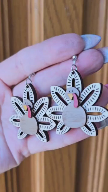 3D Maple Wood Turkey Earrings: Thanksgiving Fall Jewelry