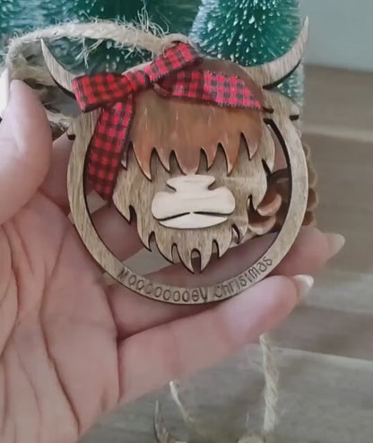Set of Personalized Highland Cow Christmas Ornament: Laser Cut Wooden Farmhouse Decor