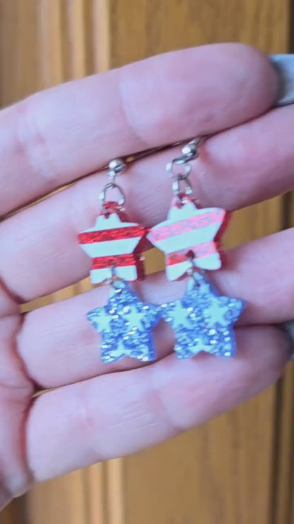 4th of July Star Earrings: Red White Blue Acrylic, Surgical Steel